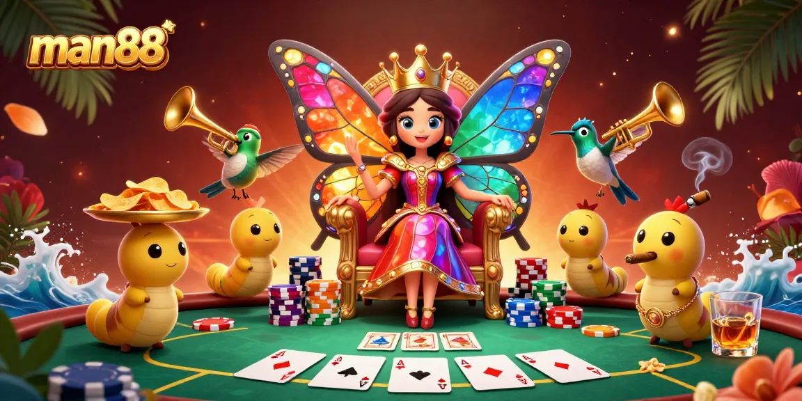 Experience the vibrant world of man88 with a colorful cartoon casino scene full of poker chips and playful characters.
