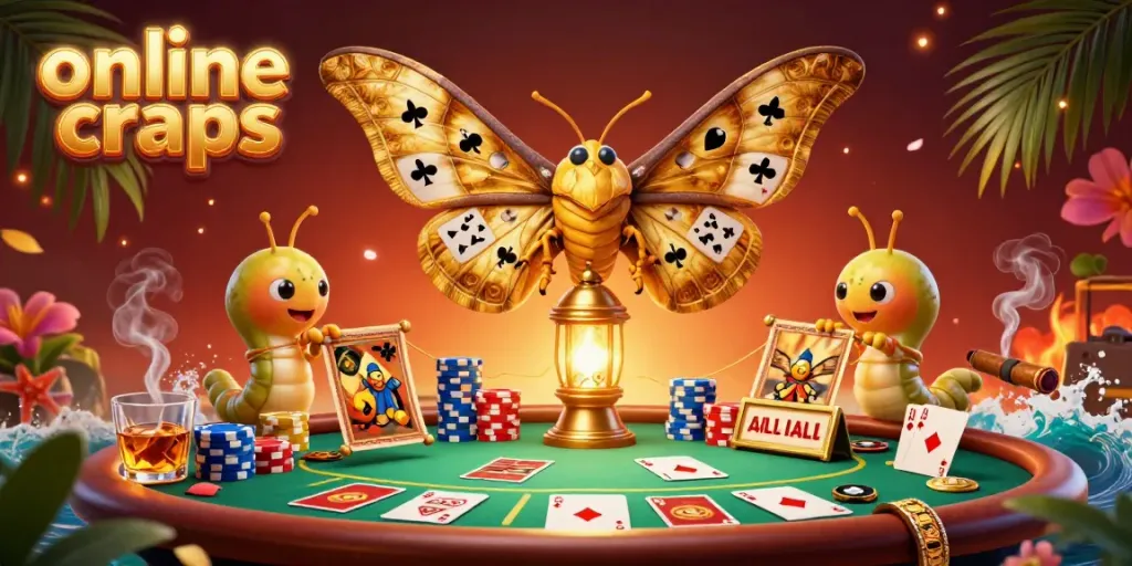 Engage in online craps with an awe-inspiring golden moth and vibrant casino elements
