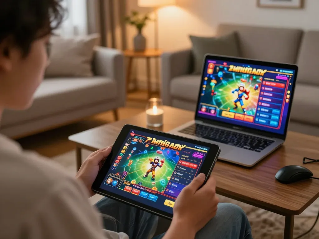 Engaging in 79Win online gaming on a tablet in a cozy living room setting.
