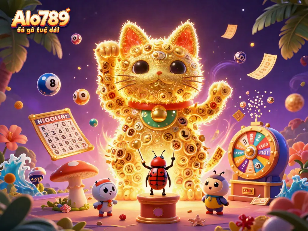 Experience Alo789 Đá gà trực tiếp with a vibrant illustration of a lucky cat leading dynamic casino elements.