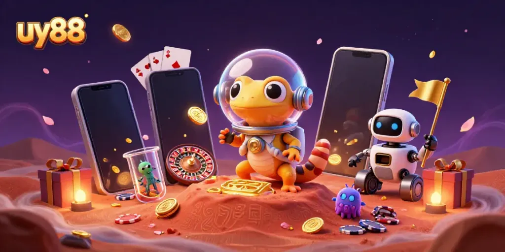 Engage with the vibrant gaming adventure at uy88, where a Martian gecko explores a golden casino.