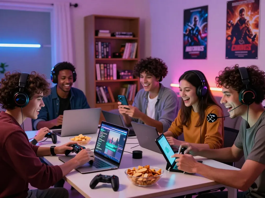 Gamers enjoying xxx games on various devices in a colorful living room setting.