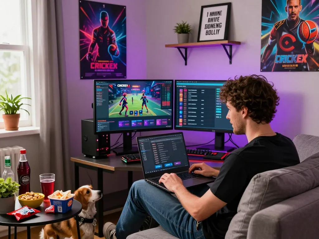 Engaging scene of player using Crickex refer code at home, showcasing vibrant gaming atmosphere with enthusiasm.