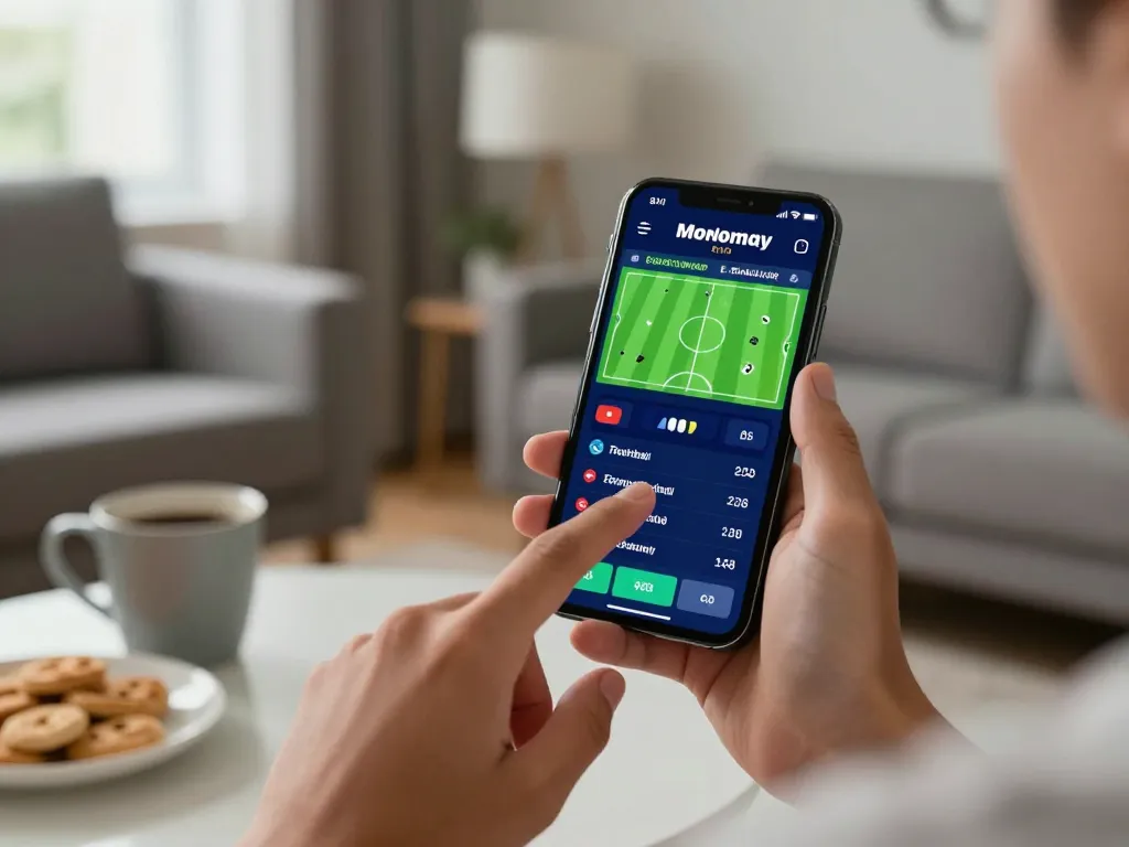 Engaging with Keo nha cai 5 on a smartphone in a cozy living room setting.