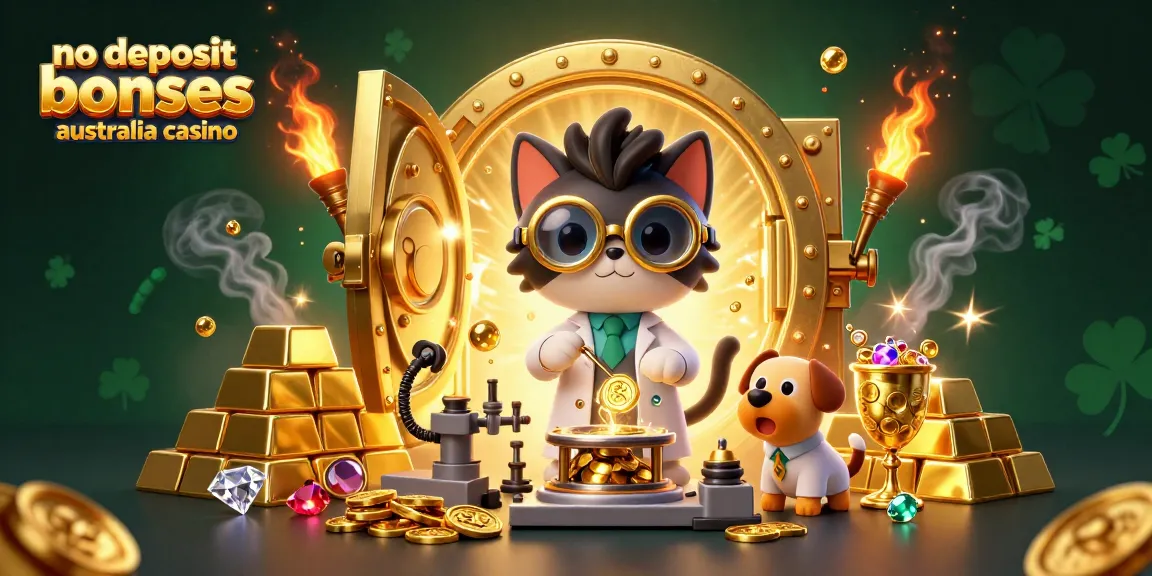 No deposit bonuses Australia casino illustration with a mad scientist cat and dog, showcasing vibrant gold and sparkling gems.