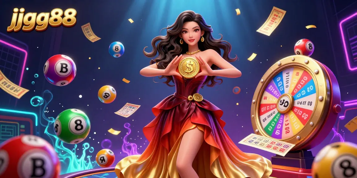 Win big with jjgg88 at this colorful casino scene featuring a stunning woman and dynamic game elements.