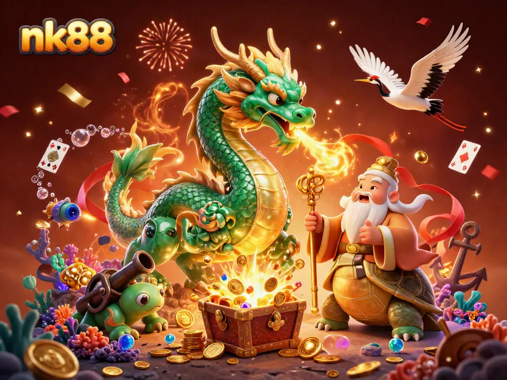 Experience thrilling bets at nk88 with a jade dragon and turtle sage amid exploding treasures.