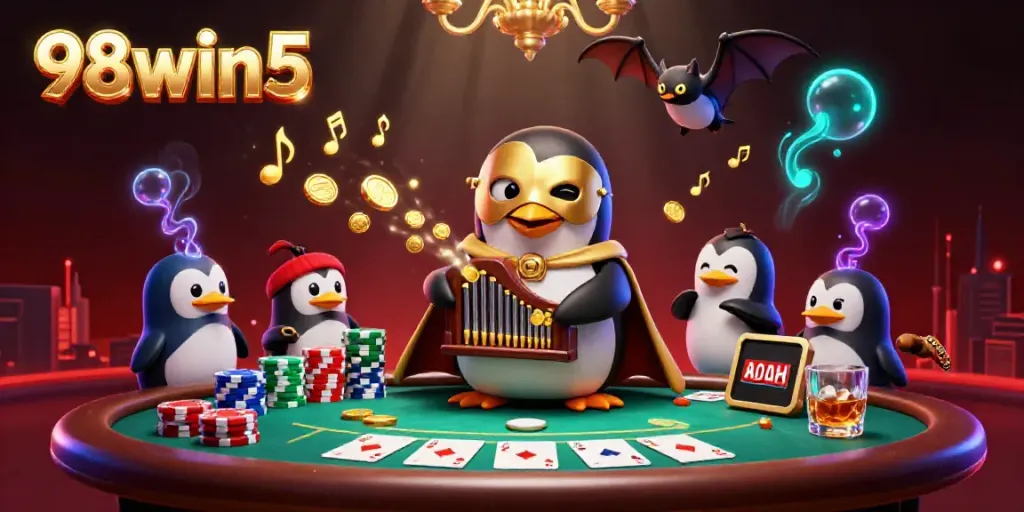 Experience thrilling gameplay with 98win5 as golden coins flow from the penguin's organ.