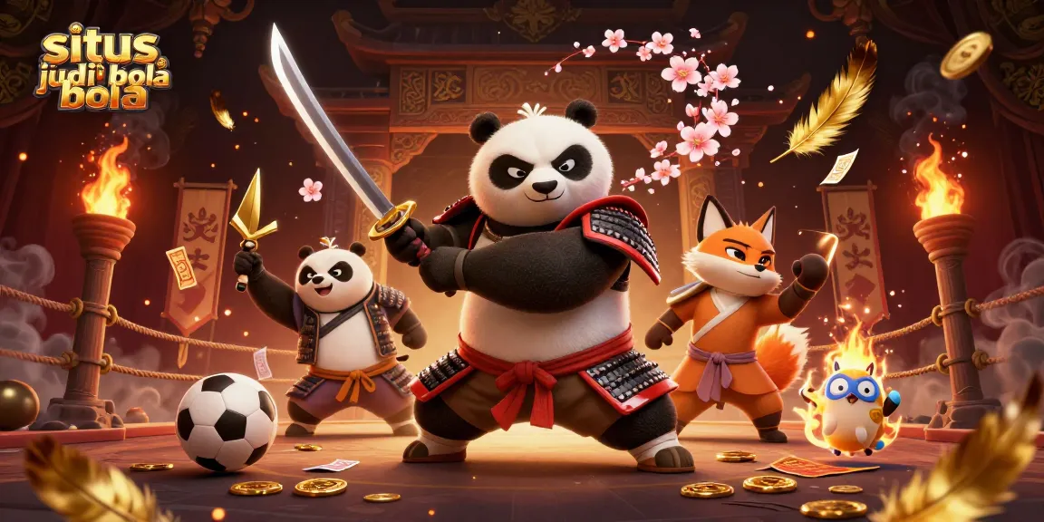 Situs judi bola scene featuring a samurai panda and ninja fox engaging in exhilarating sports betting action.
