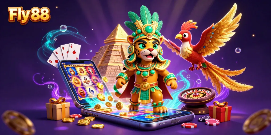 Experience thrilling wins at Fly 88 with vibrant slot games featured in an engaging casino scene.