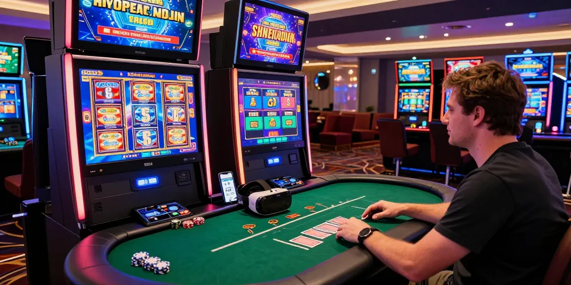 Giocatore al casinò online con siti non AAMS sicuri, schermi luminosi e atmosfera dinamica.