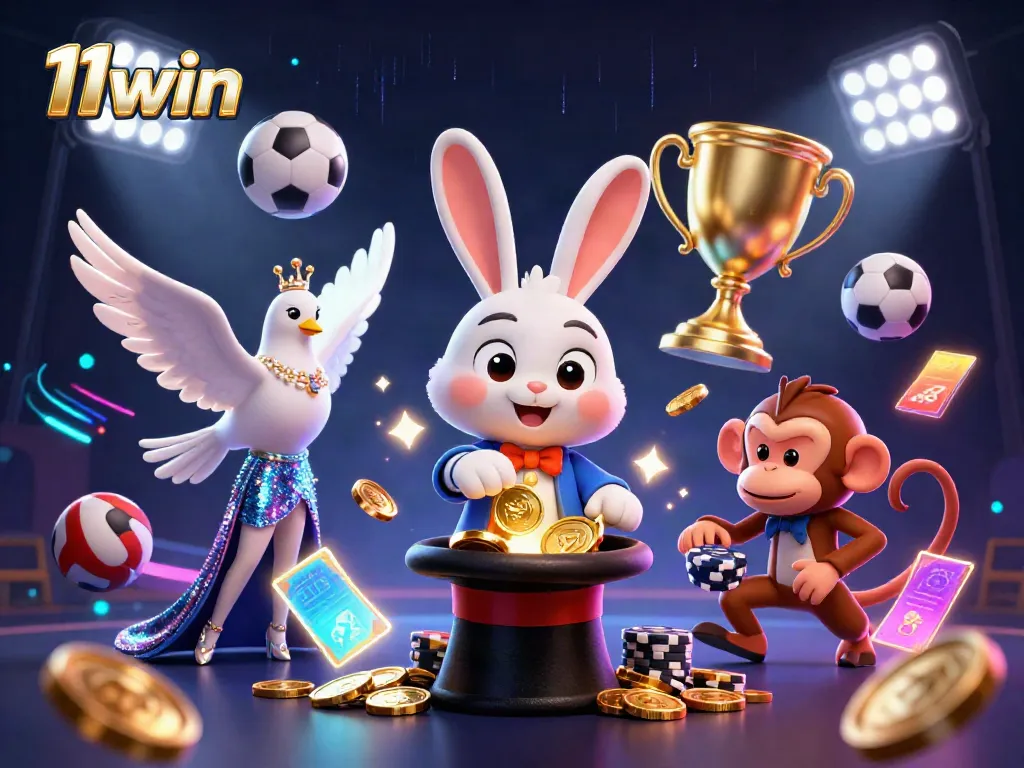 Engage with thrilling gambling action at 11win featuring magician, sequined dove, and playful monkey surrounded by sports elements and magic.