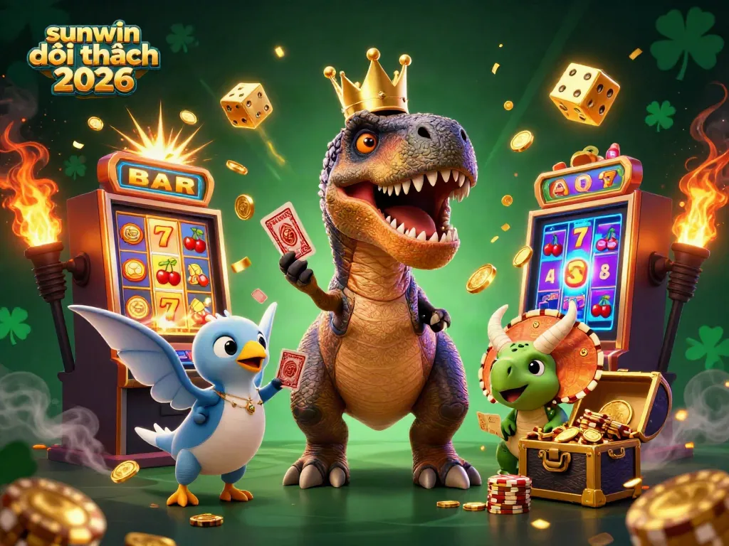 Engage with the sunwin đổi thưởng 2026 scene featuring T-Rex shuffling cards, magic slot machine, and vibrant casino elements
