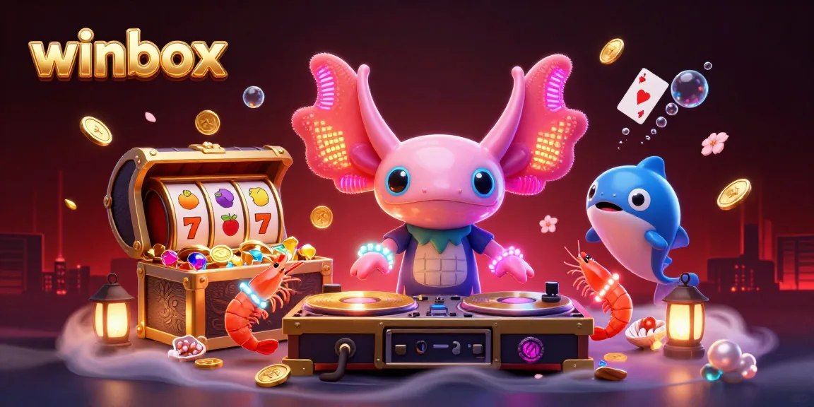 Winbox offers an engaging casino experience with vibrant characters and dynamic slot reels in a playful underwater scene.