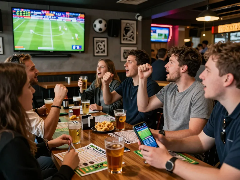 Tỷ lệ kèo nhà cái in a lively sports bar during a football match, friends cheering and checking betting odds on their smartphones
