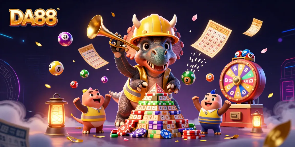 Engage with DA88 in a vibrant casino scene featuring dinosaurs celebrating around poker chips and lottery elements.