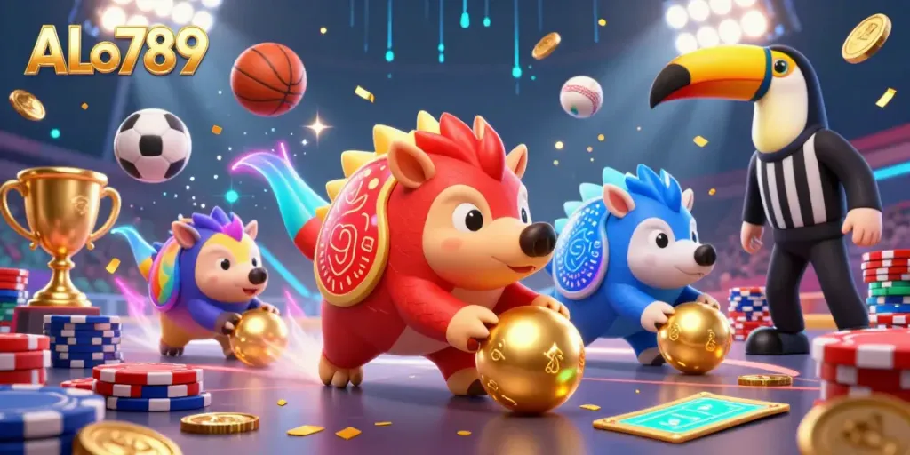 Engage with ALo789's dynamic gaming experience featuring competing pangolins in a casino setting.
