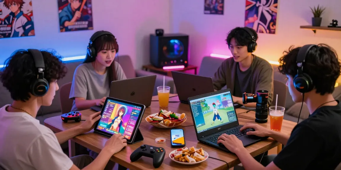 Players enjoying hentaigame in a vibrant living room with various devices and exciting game visuals.