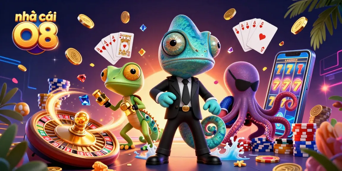 Experience thrilling action at nhà cái O8 with a vibrant casino scene featuring a colorful chameleon, tech-savvy gecko, and villainous octopus.
