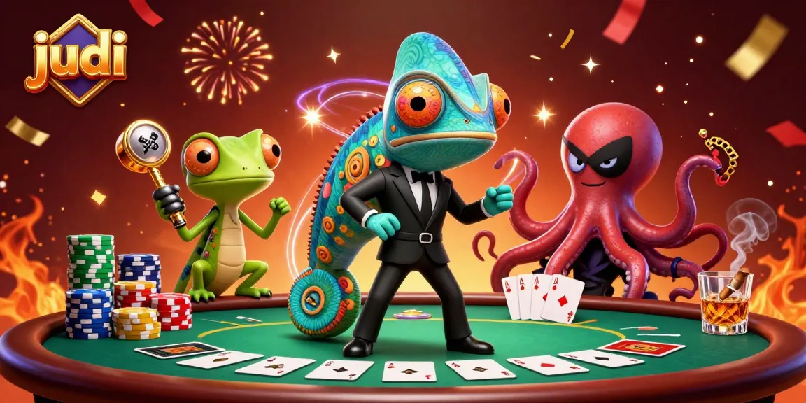 Experience judi excitement with a secret agent chameleon and a tech genius gecko at a vibrant casino table.
