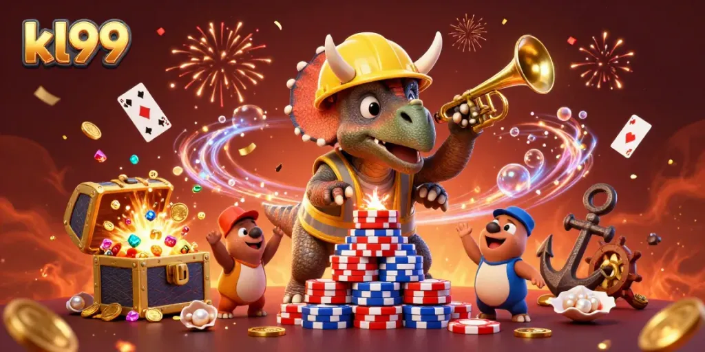 Place bets at KL99 with an engaging 3D illustration of a triceratops building poker chip pyramids surrounded by celebration.
