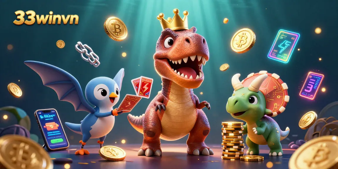 Engage with thrilling games at 33winvn featuring a jovial dinosaur as it plays cards.