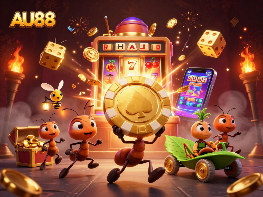AU88 ants heist with giant poker chip amidst a vibrant casino scene of colorful games and treasures.
