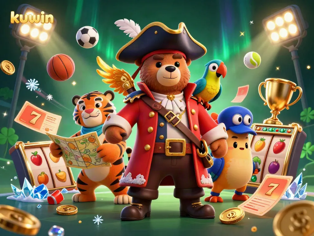 Kuwin online casino showcasing characters amidst dynamic casino elements like slots and sports betting items.