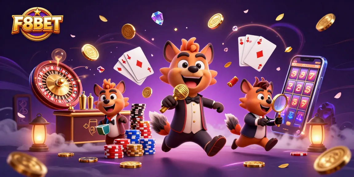 F8BET hyenas casino scene with golden coins, a roulette wheel, and vibrant game elements.