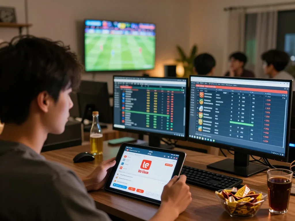 Person engaging in sports betting with ty le keo nha cai on-screen in a cozy home setting.