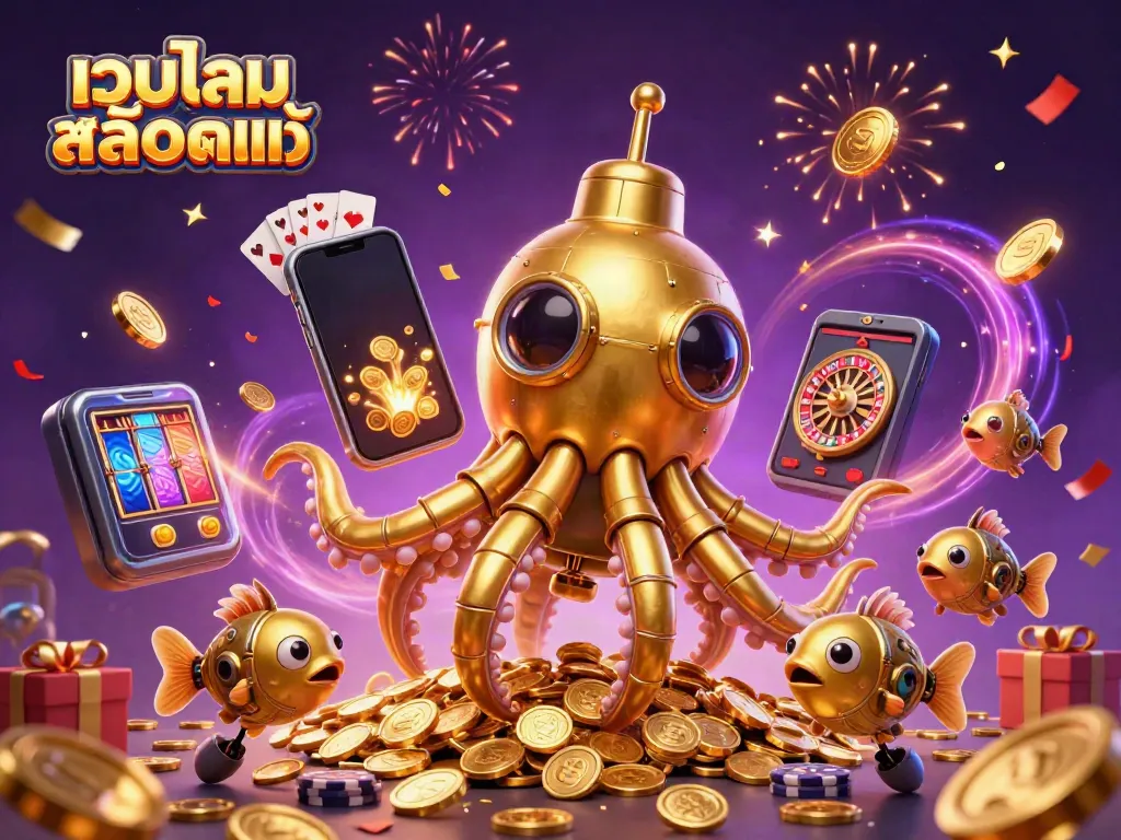 Spin vibrant slot games with เว็บเกมสล็อตแท้ featuring a kraken submarine emerging from golden coins.