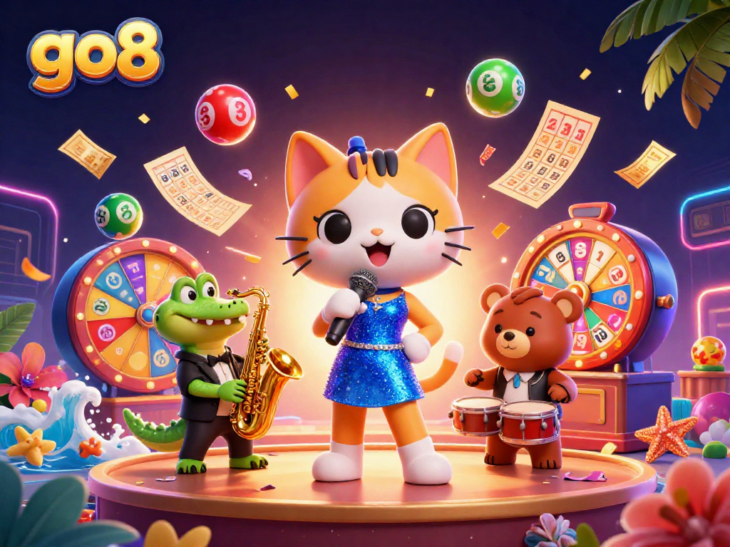 Join the fun at go8 with vibrant lottery balls and lively illustrations of casino characters!
