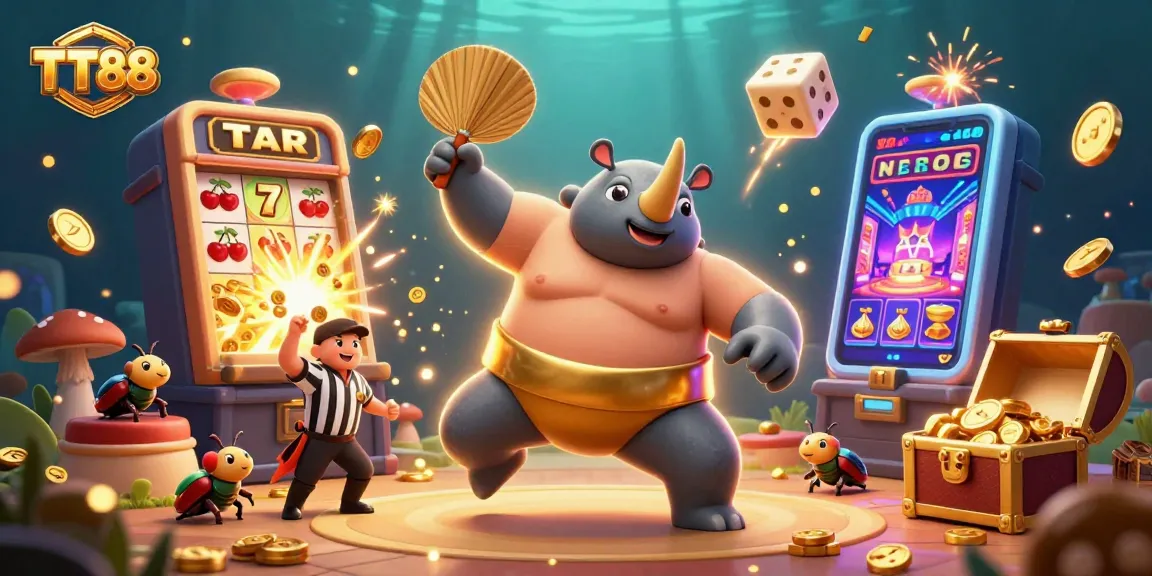 Experience the excitement of TT88 as the beetle champion stomps, scattering coins in this thrilling casino scene.