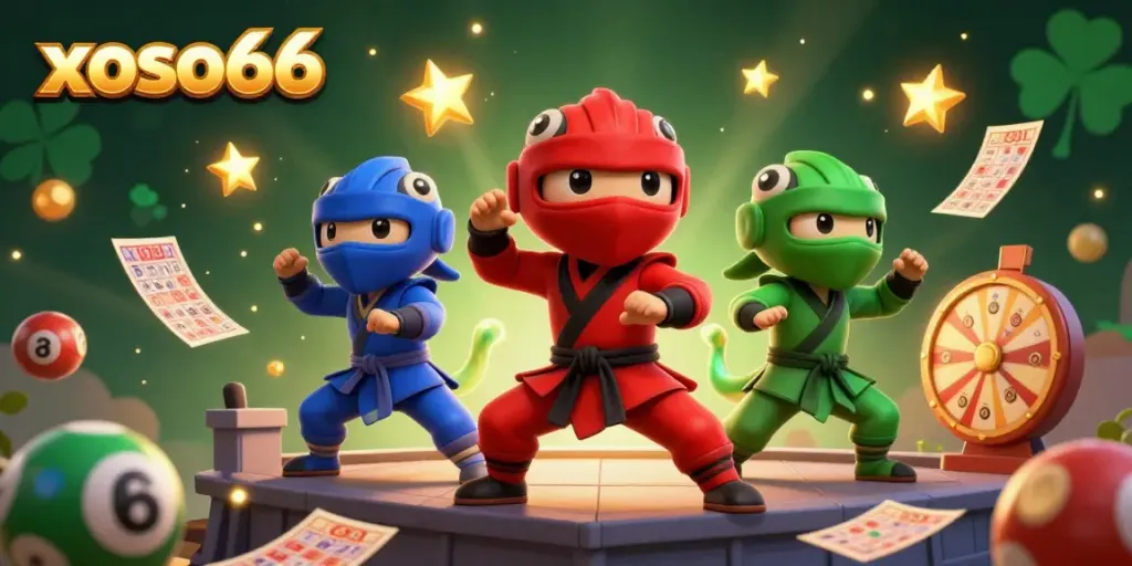 Xoso66 showcases a themed 3D lottery scene with ninja chameleons engaging in martial arts amid colorful lottery elements.