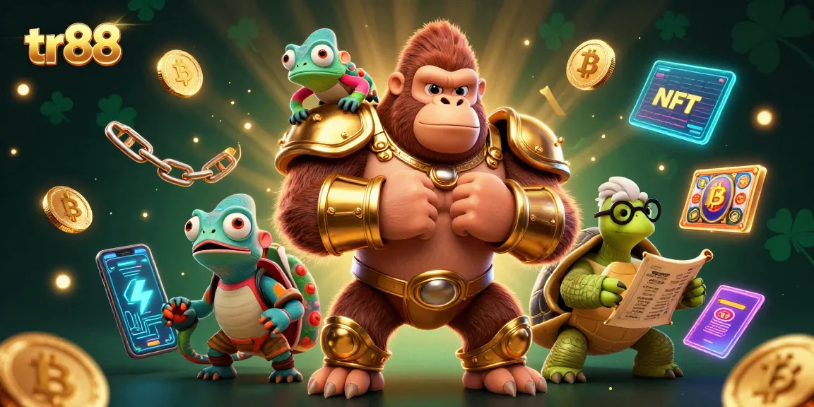 Engage with tr88 in vibrant 3D casino art, showcasing a gorilla king and chameleon in rich colors.