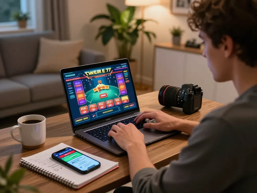 Engaged player strategizing with 78wind on a laptop, cozy living room ambiance.