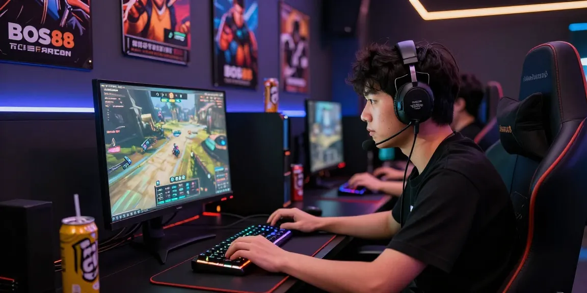 Proses Cara Login BOS88 dengan gamer fokus pada layar komputer dan alat gaming di ruang gelap.