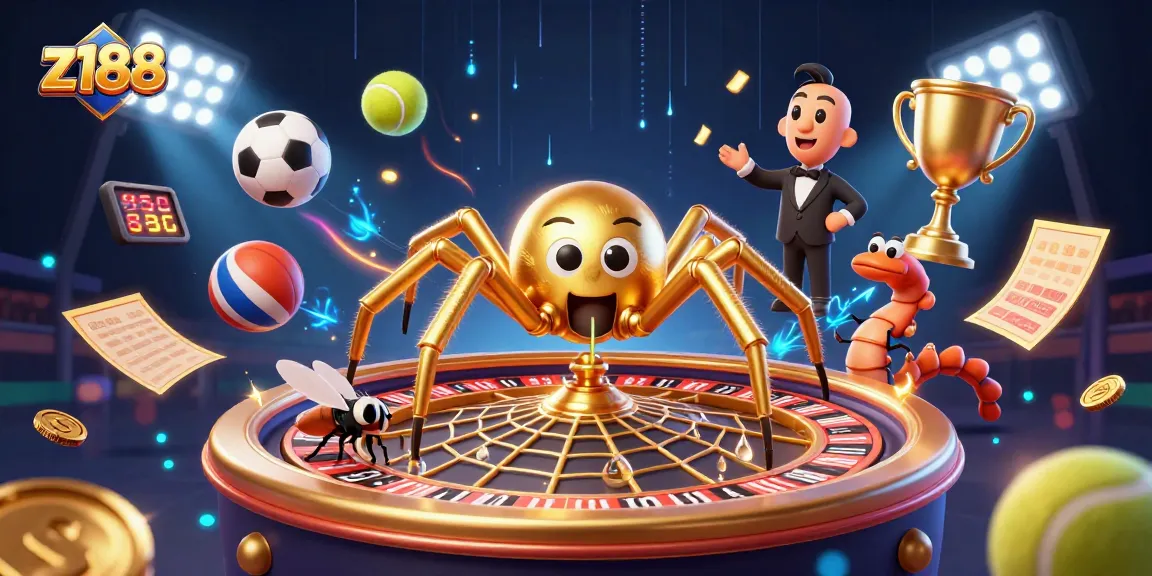 Place your bets with z188 as a golden spider spins a roulette wheel web in an exciting casino scene.