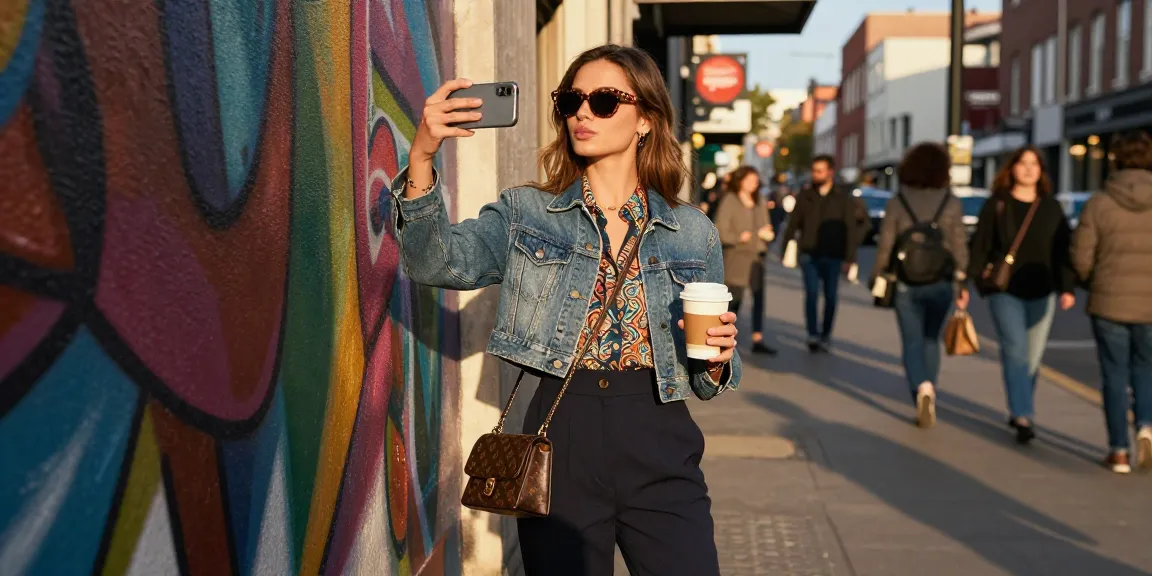 Chic young woman exploring city streets, embodying fashion blog style in denim jacket and high-waisted trousers.