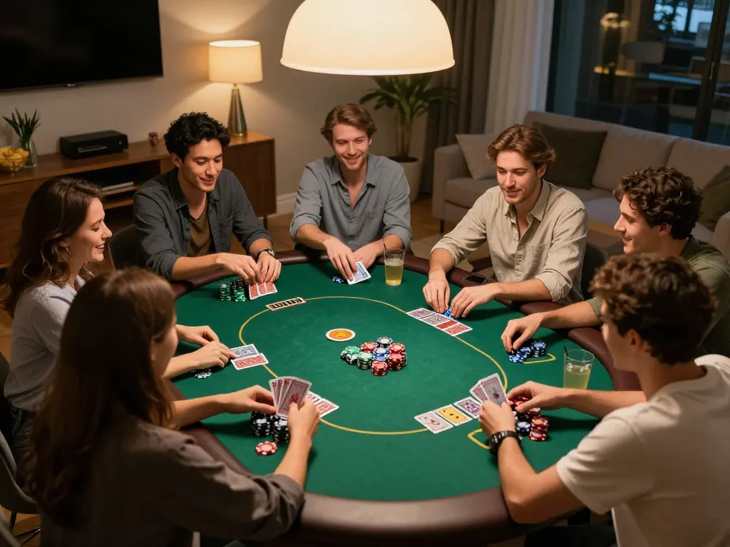 Friends enjoying a home poker night with keonhacai 88 strategy discussions and lively gameplay.