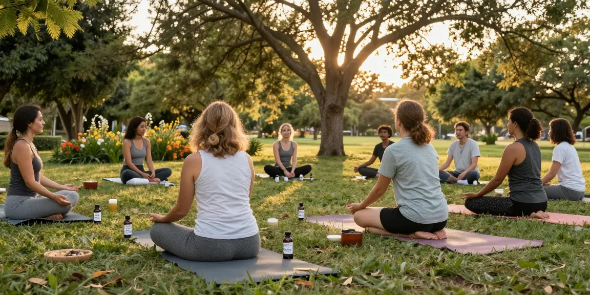 Official Ministry of Cannabis CBD oil amidst a serene outdoor yoga gathering for natural wellness and health benefits.