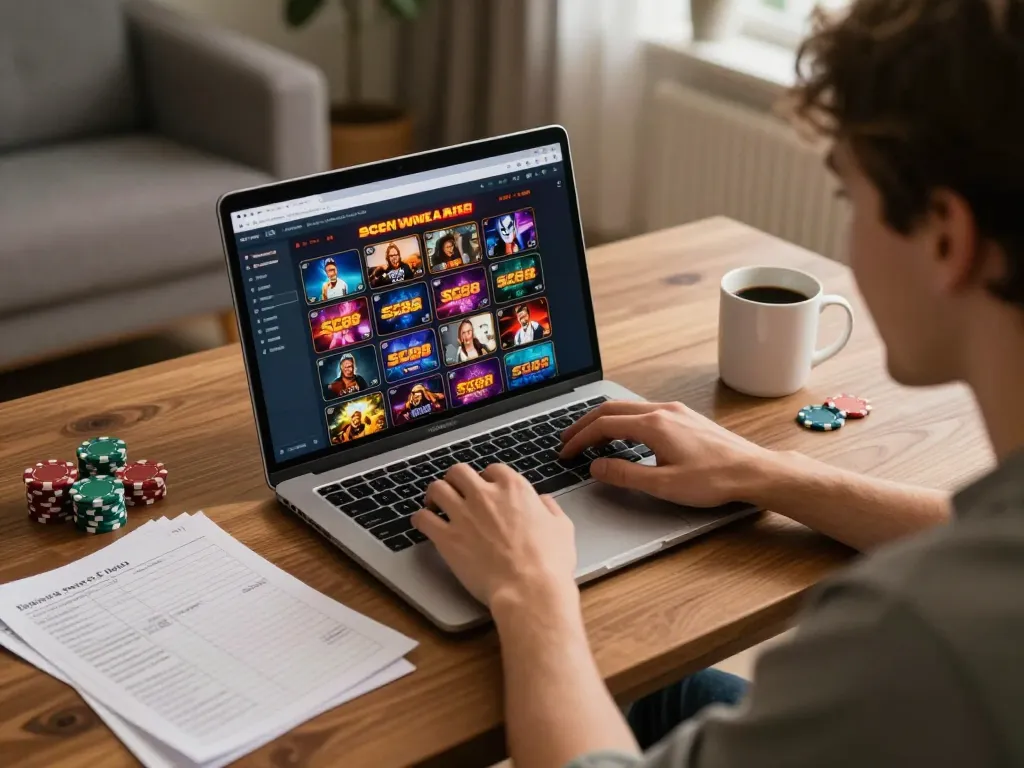 Engaged player exploring SC88's online casino games at home with strategy notes.