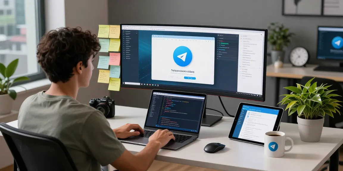 Engaging digital workspace for telegramin-cn.com showcasing a developer using Telegram features with tech gadgets.