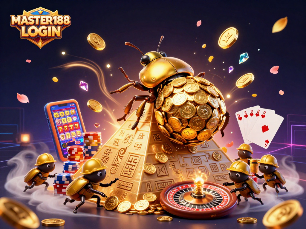 Roll the jackpot with MASTER188 LOGIN as a golden beetle rolls riches in a vibrant casino scene.