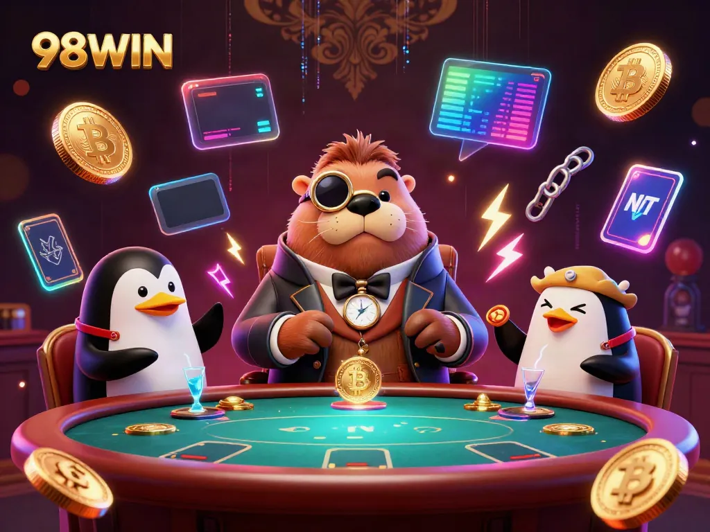 Engage in thrilling poker at 98WIN with a whimsical scene featuring a walrus, penguin, and pufferfish.