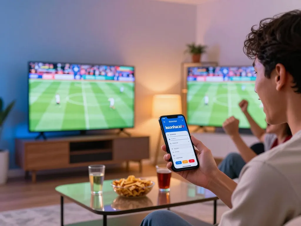 Engaging betting moment with keonhacai tv app on smartphone during a live sports event.