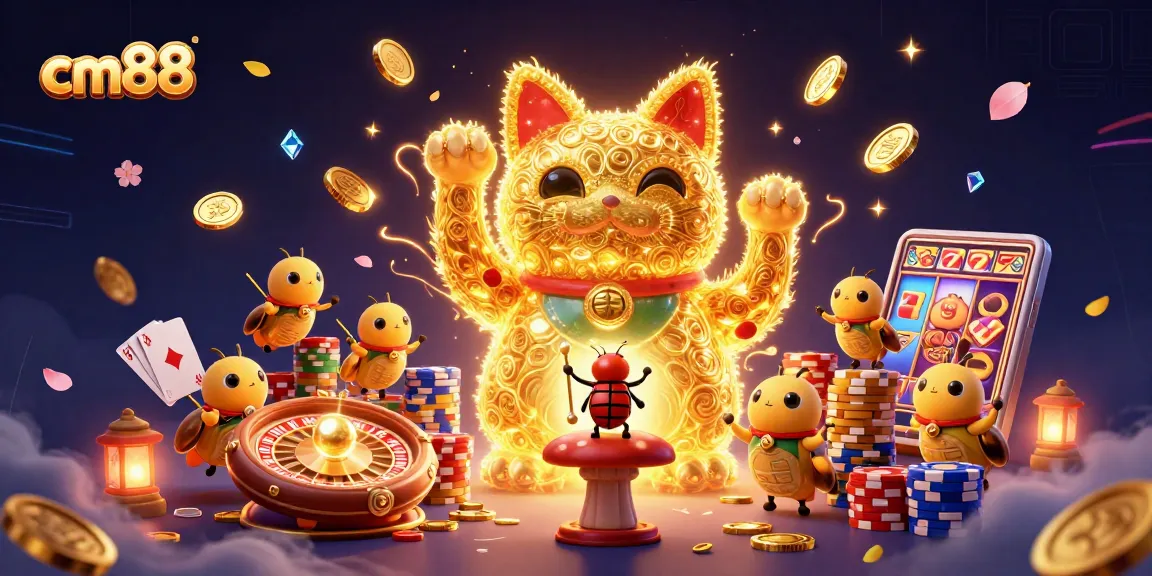 Experience excitement with cm88's lucky cat illustration, rich in casino elements.