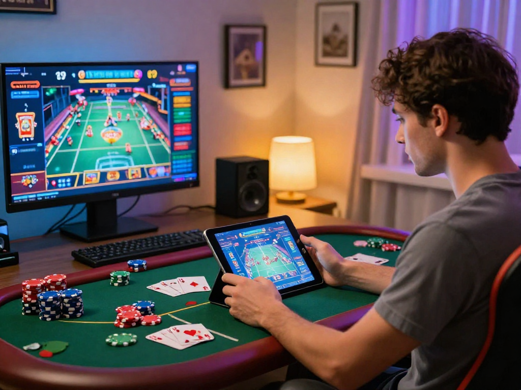Giocatore nei siti non AAMS sicuri con tablet e giochi da casinò, ambiente accogliente e illuminazione calda.