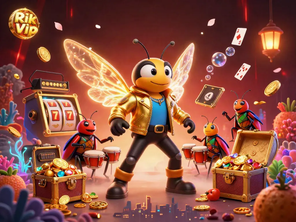 Engage in vibrant gameplay with Rik Vip’s dynamic casino characters and slot elements.