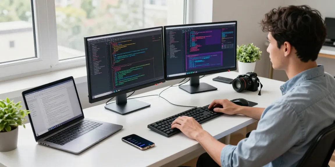 快连 developer optimizing network solutions in a modern tech workspace with vibrant screens and natural light.